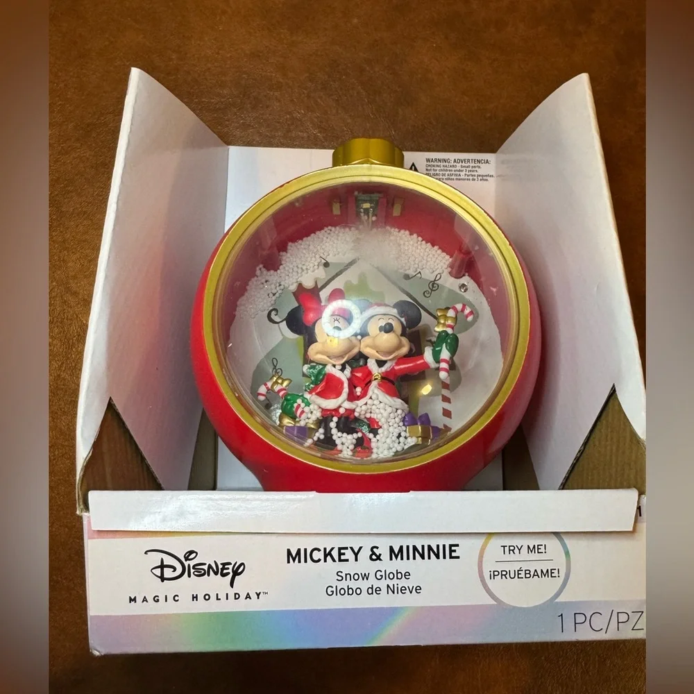 NWT Disney Mickey & Minnie Holiday Snow Globe - Red and Gold
